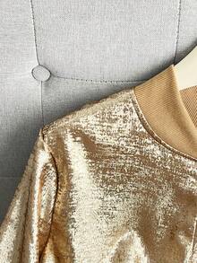 Fashionable Christmas Women's Retro Metallic Luster Polyester Bomber Jacket, Long Sleeve Baseball Collar, Zipper Design And Contrast Trim, Showcasing Elegant Feminine Outerwear - Gold - View 7