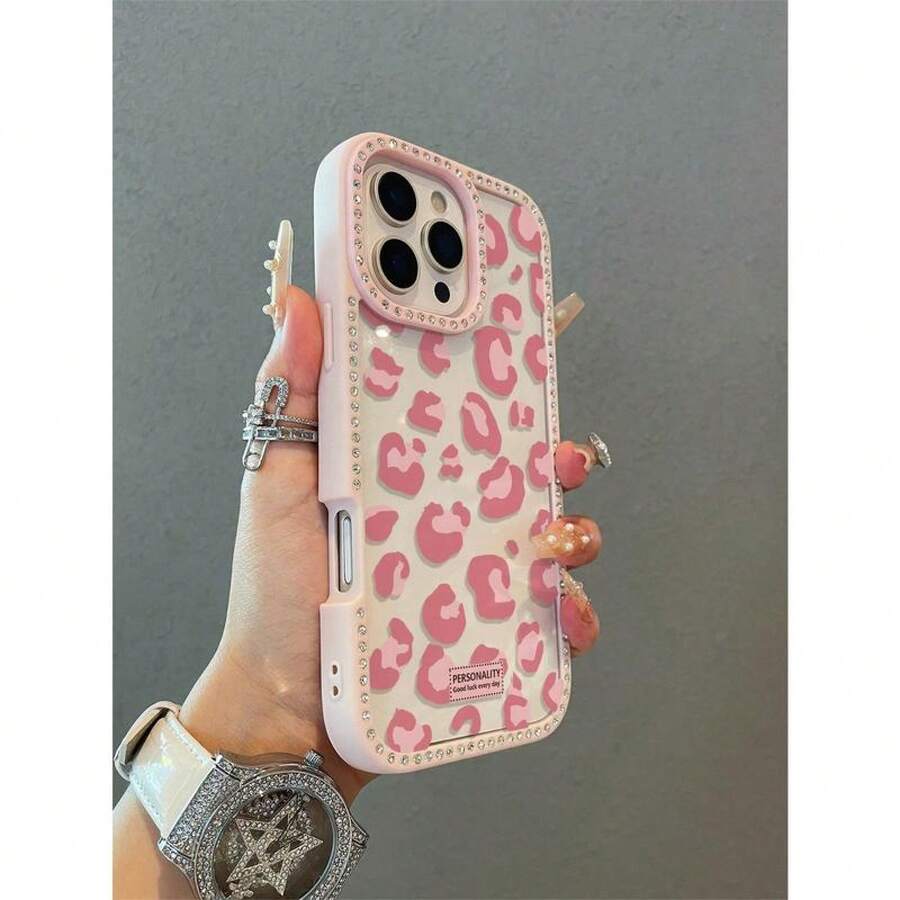 Pink Leopard Pattern Transparent Fashion Double-Sided Diamond For IPhone 17 Air 16 15 14 13 12 Pro Max/17 16 15 14 Plus 13 12pro 11 Mobile Phone Case Large Hole TPU Solid Soft Edge Hard Back Plate Multiple Protection Fashion Design High Quality - 黑色 - 查看 1