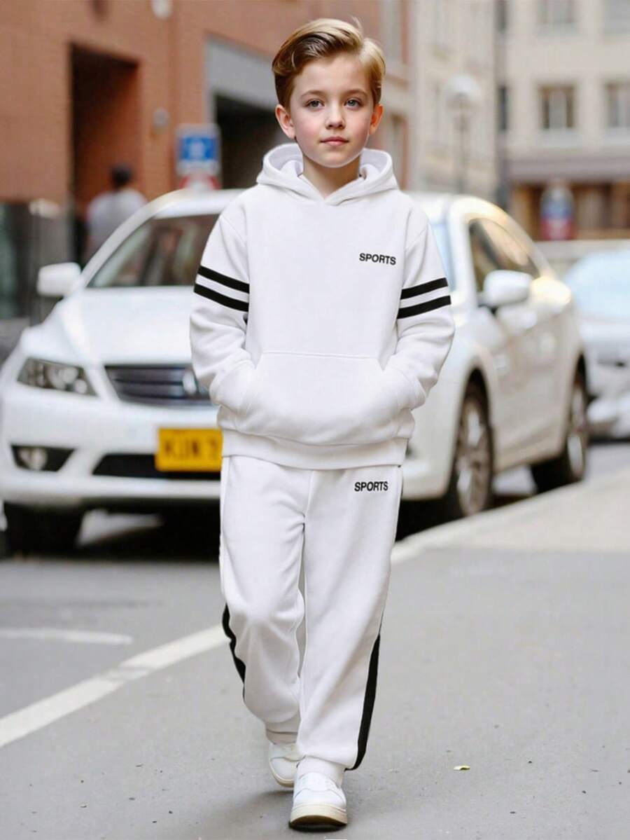 男童/幼儿男童春秋季字母印花长袖卫衣和休闲舒适长裤两件套,简约户外运动套装 - 白色 - 查看 1