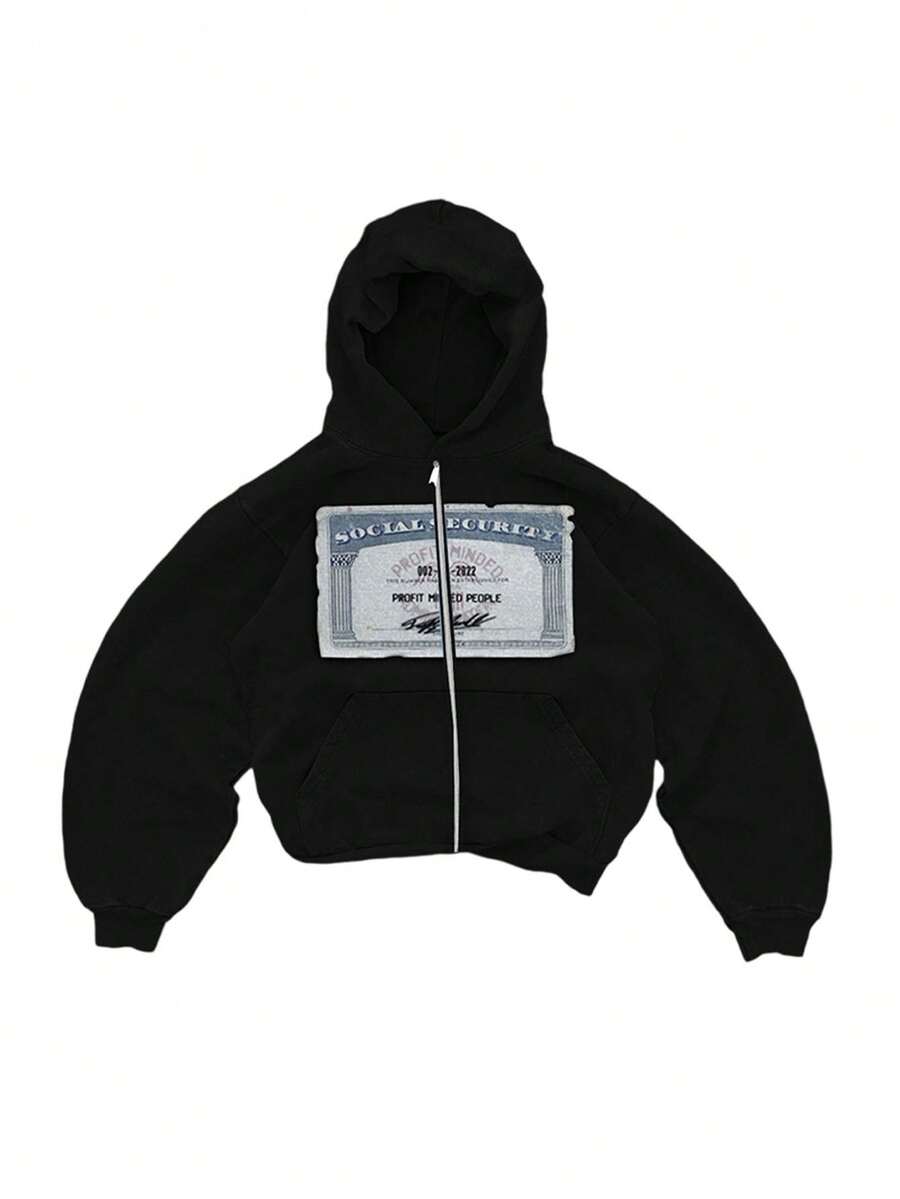 Mens Vintage American Style Black Zip Up Hoodies Distressed Creativity Pattern Print Hoodies Winter Essentials Street Style Casual Hoodies With Pockets - màu đen - Xem 1