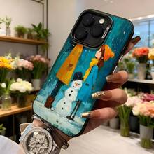 Cubierta de teléfono con diseño artístico azul con pareja y muñeco de nieve invierno para iPhone estética navideña Aplicable a los teléfonos de la serie Apple y Galaxy - Negro - Ver 6