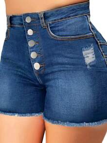 大码女式高腰热裤 – 前扣设计，毛边裤脚，夏季款 - 藍色 - 查看 2