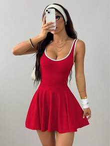 Women Dress Women'S High-Elasticity Sports Dress With Built-In Bra & Shorts - Sleeveless Twist-Cut Tennis Skirt For Gym, Yoga, Casual Wear - Vibrant Pink, Yoga Apparel, Formfitting Silhouette, Durable Sportswear - 紅色 - 查看 2