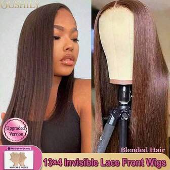 34 Inch Straight Lace Frontal Wigs Blended Hair Wigs Glueless Around Baby Hair - 200% Density Ear To Ear Pre Bleached Pre Plucked Pre-Cut Lace Front Wigs - 13*4 HD Transparent Brazilian Virgin Human Blended Hair Lace Closure Wigs - Mixed Hair #4 Chocolate Brown Color Wigs Frontal Glueless Wigs With Natural Hairline - Elegant Style For All Ethnicities For Daily Use, Christmas, Halloween, Parties