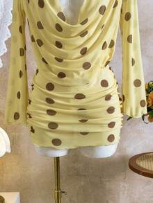 Women's Fashion Sexy Swimsuit Cover Up, Polka Dot Print With Turtleneck Long Sleeve One-Piece Swimdress, Suitable For Pool Party And Beach Vacation Summer - Yellow - View 8