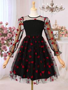 Girls Heart Mesh Overlay Dress, Suitable For Valentine's Day - Black - View 3