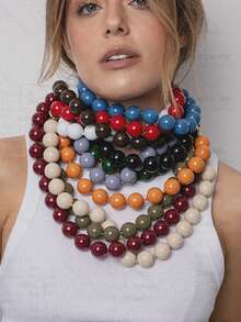 1pc Bohemian Style Round Geometric Plastic Acrylic Beaded Rope Knotted Necklace, Handmade Jewelry Gift For Women, Everyday Wear - Multicolor - View 3