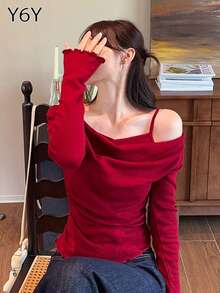 Y6Y 2025新款圣诞红色露肩长袖女式针织毛衣，荷叶边修身套头衫，适合秋冬季穿着 - 紅色 - 查看 7