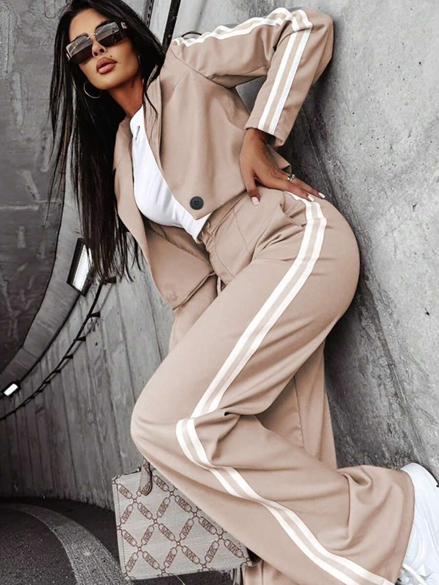 Bộ vest nữ thanh lịch, áo khoác ngắn sọc ngang màu trơn có túi nối bên hông + quần ống đứng, bộ vest công sở thường ngày, thích hợp mặc đi làm, đi làm, mặc thường ngày