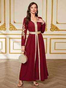 Festival Exclusive Festival Clothing, V-Neck Long Sleeve Gold Embroidery Waist Cinched Luxurious Robe, Collision Of Traditional Craftsmanship And Modern Aesthetics Spring - Burgundy - View 5
