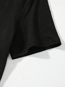 New Plus Size Printed Crew Neck Drop Shoulder T-Shirt - Black - View 3
