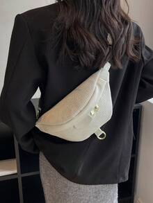 时尚百搭女士胸包，灯芯绒面料，休闲单肩包/斜挎腰包，适合运动、通勤、日常穿着，秋冬季节适用。 - 白色 - 查看 4