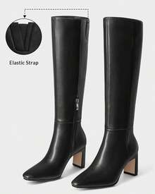 MUCCCUTE Knee High Boots For Women Chunky Heel Square Toe With Side Zipper Pull On Tall Fall BotasChristmas - Black Suede-kitten Heel - View 3