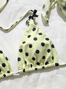 沙滩泳池派对时尚性感波点印花蝴蝶结配饰网纱围巾平角裤四件套比基尼分体泳衣女 - 黃色 - 查看 8