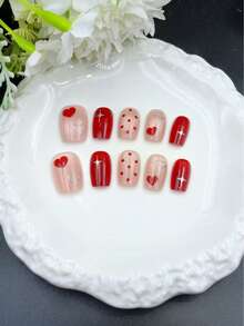 手工制作 10 件套美甲贴片，红色，短梯形，美妆，香氛主题，法式美甲，按压式美甲，新年美甲，情人节美甲，UV 灯美甲，夏季美甲，日常美甲，优雅精致设计，高端法式风格。