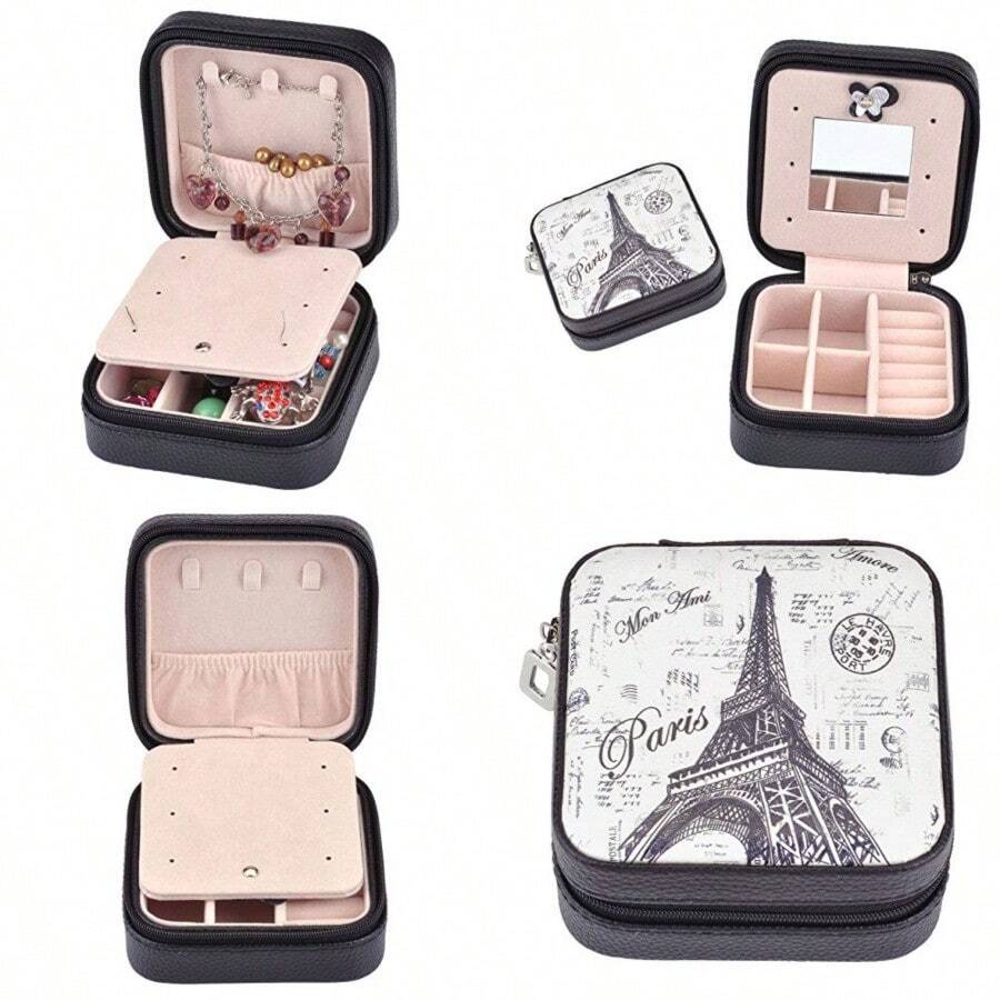 NewYoption Paris tower Pattern PU Jewelry Holder Box Display Accessories Ring Earring Bracelet Storage Zipper Case PU Leather Portable Traval Jewelry Box Organizer Black - TorredePars - Ver 1