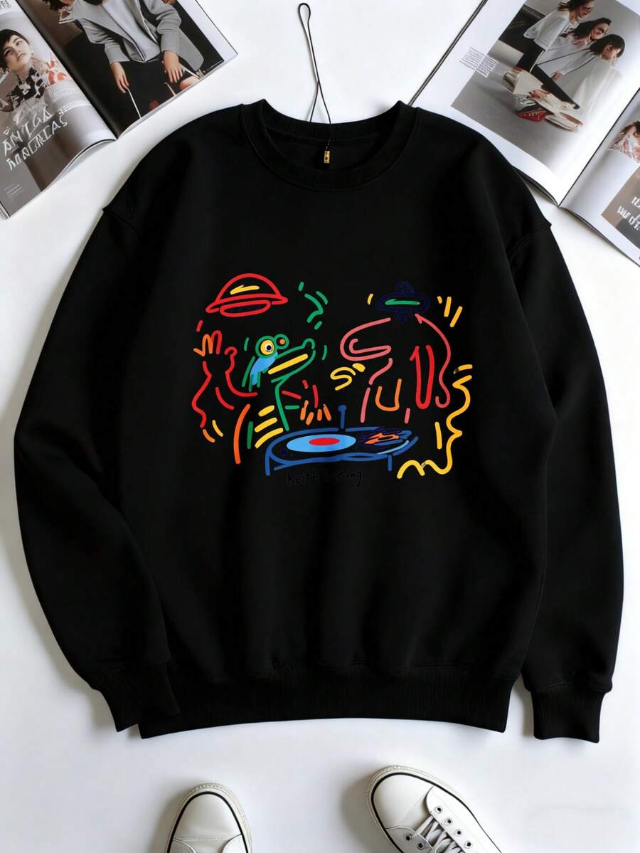 Keith Haring Art Print Crewneck Sweatshirt Unisex Casual Long Sleeve Pullover Top White Halloween Christmas Thanksgiving 280g Round Neck Sweatshirt - Black - View 1