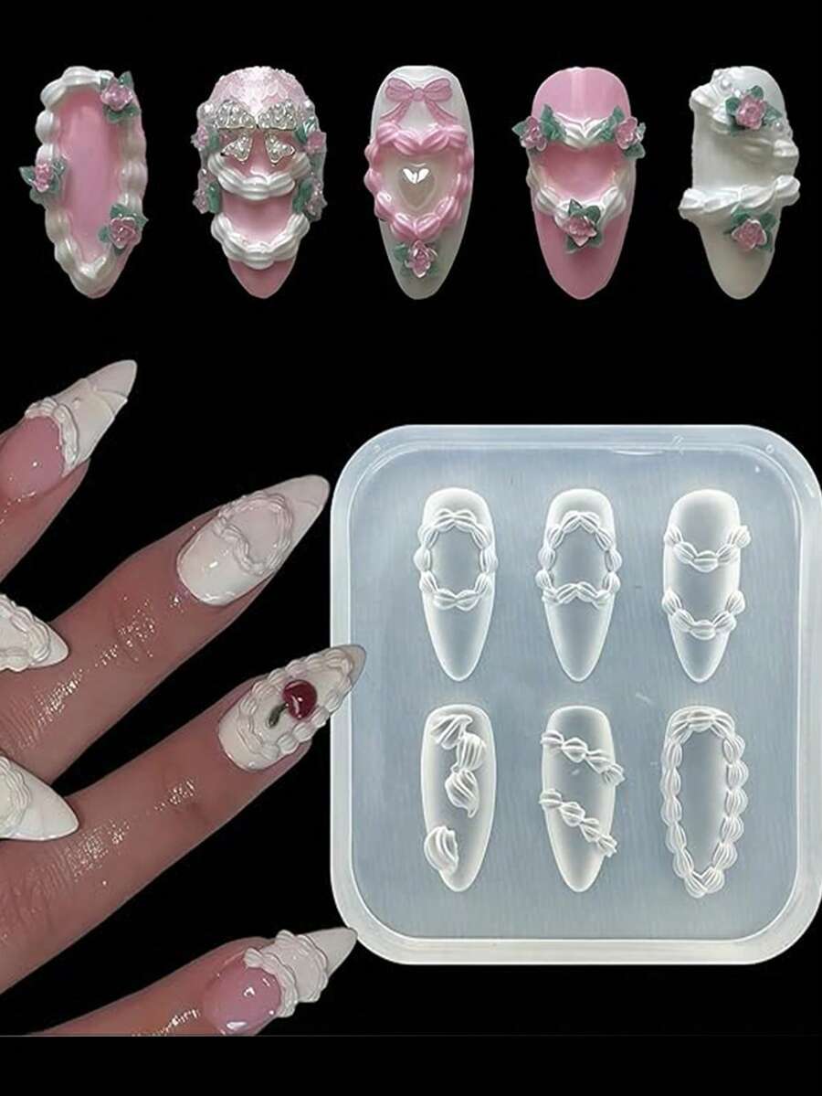1PC 3D Silicone Nail Molds, Cute French Cake Cream Nail Carving Mold, Happy Birthday Nail Design Creamy Bow Hearts Charms Clear Modeling Templates Mold For Women Girls - Clear - View 1