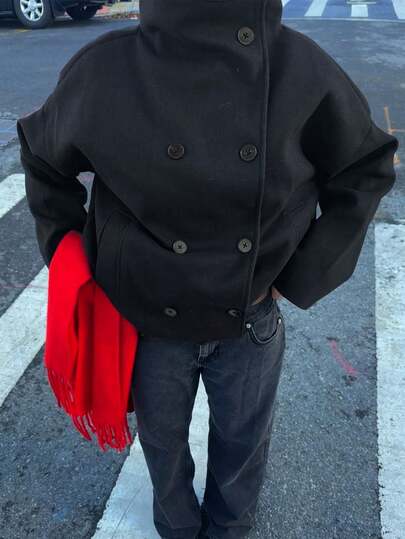 Stand Collar Coat For Women Solid Long Sleeve Double-Breasted Woman Jacket Chic Elegant High Street Lady Outwear