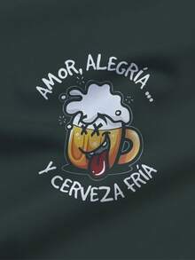 Green Men's T-Shirt With Cartoon Beer Cup Print, Casual Stylish Breathable Versatile Short Sleeve Top, 100% Polyester Lightweight Fabric - Black - View 4