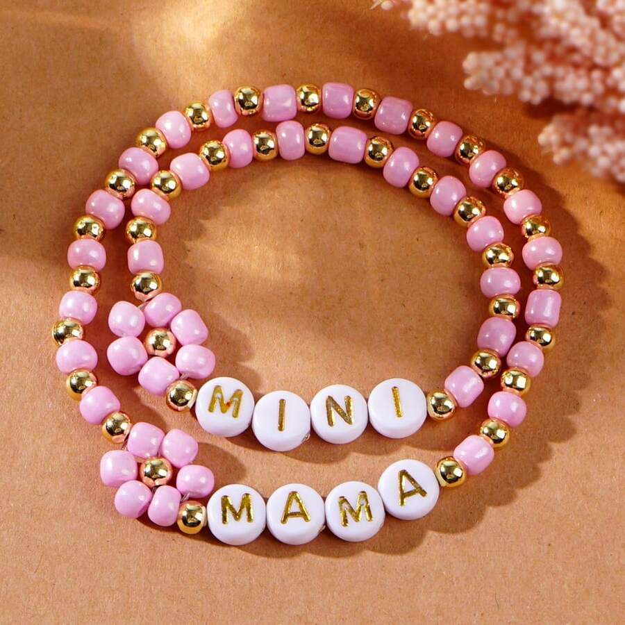 Cute Pink Mother-Daughter Bracelet Set, "MAMA MINI" Letter Design, Matching Parent-Child Gift Jewelry - Pink - View 1