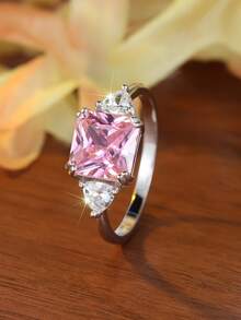 1 Peça Anel de Prata Esterlina 925 com Zircônia Cúbica Rosa Quadrada Luxuoso e Atraente, Presente de Moda, Festa/Aniversário/Noivado/Casamento/Aniversário/Dia dos Namorados para Mulheres - Rosa chiclete - Visão 3