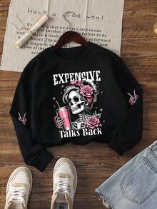 Women's Autumn/Winter Casual Loose Sweatshirt With Beverage, Rose Flower & Letter Print, Versatile Holiday Style Top, Suitable For Daily Wear, Fashionable Autumn/Winter Spring Black - Black - View 3