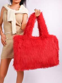 Long Strap Faux Fox Fur Tote - -Wide Large Capacity Tote Bag - Red - View 4