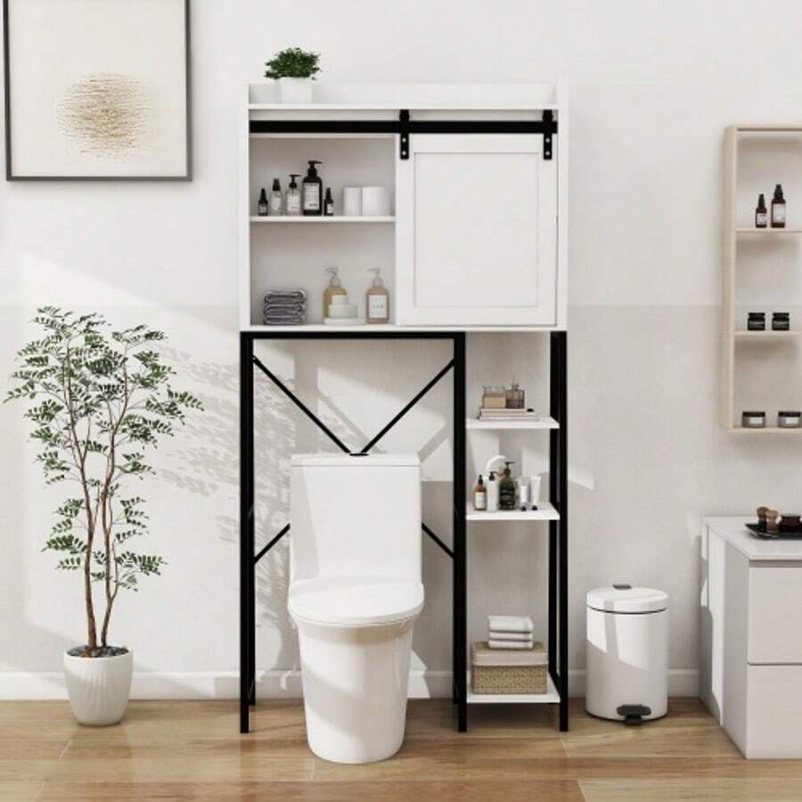 Over The Toilet Storage Cabinet, Bathroom Shelves Over Toilet With Sliding Barn Door,Adjustable Shelves And Side Storage Rack-White