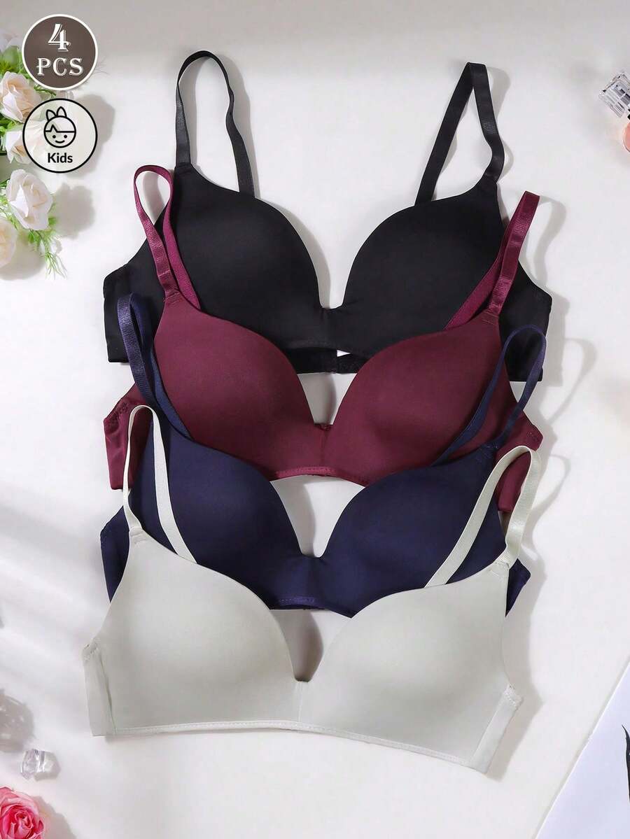 4pcs/Set Smooth Seamless Nude Bras For Teens, With Lining And Adjustable Features