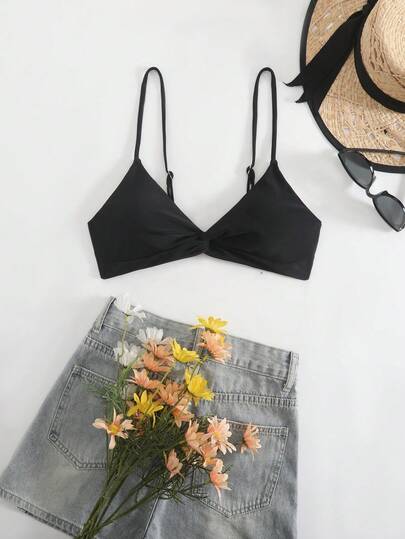 Fashionable Elegant Solid Color Sexy Knit Fabric Buckle Twist Bikini Top, Suitable For Vacation & Beach
