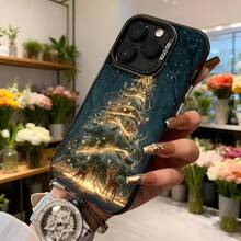 Cubierta de teléfono con diseño de árbol de navidad brillante y ciervos en tono azul oscuro para iPhone 14 Pro Max ideal para temporada festiva Aplicable a los teléfonos de la serie Apple y Galaxy - Negro - Ver 6