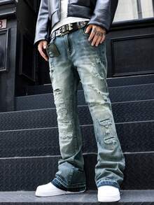 Men's Flared Jeans, Slim Fit Distressed Flare Leg Jeans, Y2K Stacked Jeans, Contrast Wash Embroidered Jeans, Suitable For All Seasons - 藍色 - 查看 6