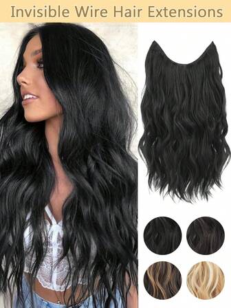 Invisible Wire Hair Extensions 20 Inch Long Wavy Synthetic Hairpiece With Transparent Wire Adjustable Size, 4 Secure Clips For Women And Girls Daily Use