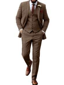 Furuyal Autumn/Winter Men's Herringbone Tweed 3 PiecesSuit Set, Gentleman's Solid Color Double-Breasted Slim Fit Formal Business Single-Breasted Suit Jacket, Vest & Pants Set, Suitable For Galas, Parties, Vintage Gentleman Style, Brown, Size XS-3XL