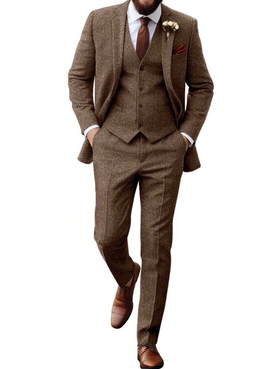 Furuyal Autumn/Winter Men's Herringbone Tweed 3 PiecesSuit Set, Gentleman's Solid Color Double-Breasted Slim Fit Formal Business Single-Breasted Suit Jacket, Vest & Pants Set, Suitable For Galas, Parties, Vintage Gentleman Style, Brown, Size XS-3XL