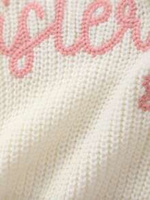Girls Knitted Sweater With Delicate "Big Sister" Embroidery And White Floral Pattern, Soft And Warm - White - View 7