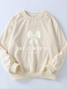 蝴蝶结印花女童休闲简约长袖圆领套头毛衣和中高腰喇叭裤两件套，适合秋冬季节穿着 - 杏色 - 查看 11