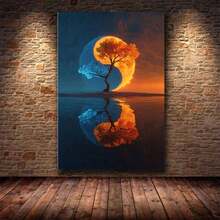 [2D Flat] 1Pc Framed Ready To Hang, Retro Graffiti Tree Tree Of Life Scenery Canvas Wall Art, Modern Abstract Yin Yang Tree With Reflection Posters Painting Pictures Wrapped Framed Print, Home Decor Bedroom Living Room Wall Decor For Spiritual Seekers, Balanced Art Style - Màu tím - Xem 4