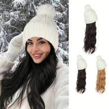 针织帽，配有长波浪卷发接发，加厚内衬，20英寸合成假发，可拆卸发片，保暖绒球，适合女性冬季佩戴，自然风格 - 彩色 - 查看 1