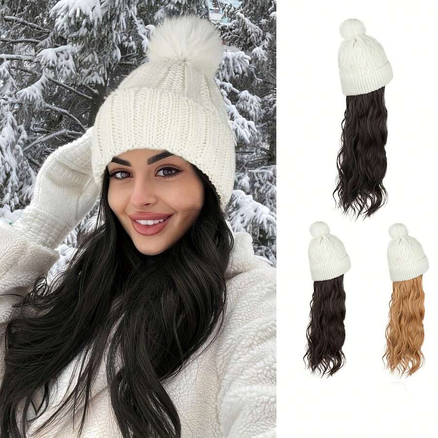 针织帽，配有长波浪卷发接发，加厚内衬，20英寸合成假发，可拆卸发片，保暖绒球，适合女性冬季佩戴，自然风格 - 彩色 - 查看 1