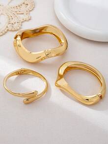 3 piezas/1 pieza Brazalete de onda geométrica minimalista gruesa y lisa de oro, adecuado para mujeres - Amarillo Oro - Ver 3