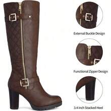 PENNYSUE Women's Knee High Boots, Fashion Chunky Block Heel Warm Winter Boots With Side Zipper For Office And Casual Wear - 棕色浦 - 查看 5