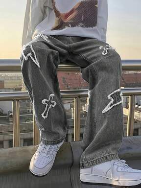 青少年男童时尚十字绣贴片牛仔裤