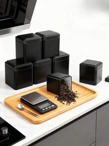 6pcs/Set Or 2pcs Classic Square Tea Tin Canisters, Size: 7 X 7 X 8.5cm, Black Metal Material, Suitable For Storing Tea, Coffee, Flour And Spices, Includes Rewritable Labels, Airtight Seal, Ideal For Kitchen And Pantry Organization - Black - View 5