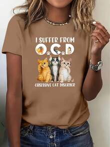 Camiseta gráfica "Sufro de TOC" para hombres y mujeres con gatos de dibujo animado - Casual, de manga corta, cuello redondo, comodidad para todas las estaciones, ropa casual de vacaciones, ropa casual| Diseño Juguetón| Cómodo - Negro - Ver 10