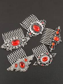1pc Vintage Metal Flower & Leaf Design Hair Clip, Red, Festive Holiday Gift, Combs, Side Comb, Headpiece, Hair Accessories, New Year Glamour, Hair Accessories For Women,Summer,Travel,Festival,Birthday - Multicolor - View 3