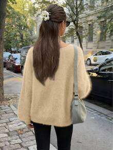 Nuevo suéter de punto de manga larga holgado de unicolor para otoño/invierno, elegante y sencillo, cárdigan oversize, suave y cálido, adecuado para el uso diario, chaqueta de punto esencial para Año Nuevo - Albaricoque - Ver 4