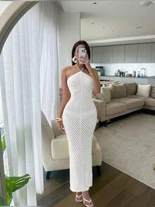 美妆新品春夏上市，女士度假沙滩装，性感露背吊带背心，休闲沙滩度假风，白色针织长裙，时尚优雅，舒适束腰长裙 - 白色 - 查看 5