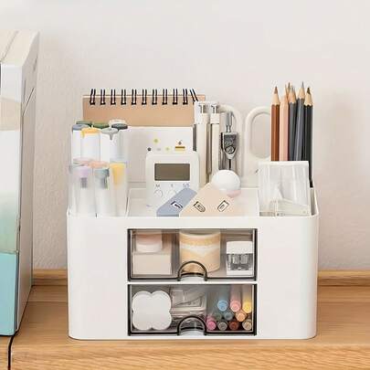 Caja de almacenamiento de escritorio minimalista con 2 cajones transparentes, organizador de papelería de gran capacidad en color blanco, soporte multifuncional para bolígrafos y caja de almacenamiento de cosméticos, adecuado para oficina, dormitorio, útiles escolares y decoración de escritorio